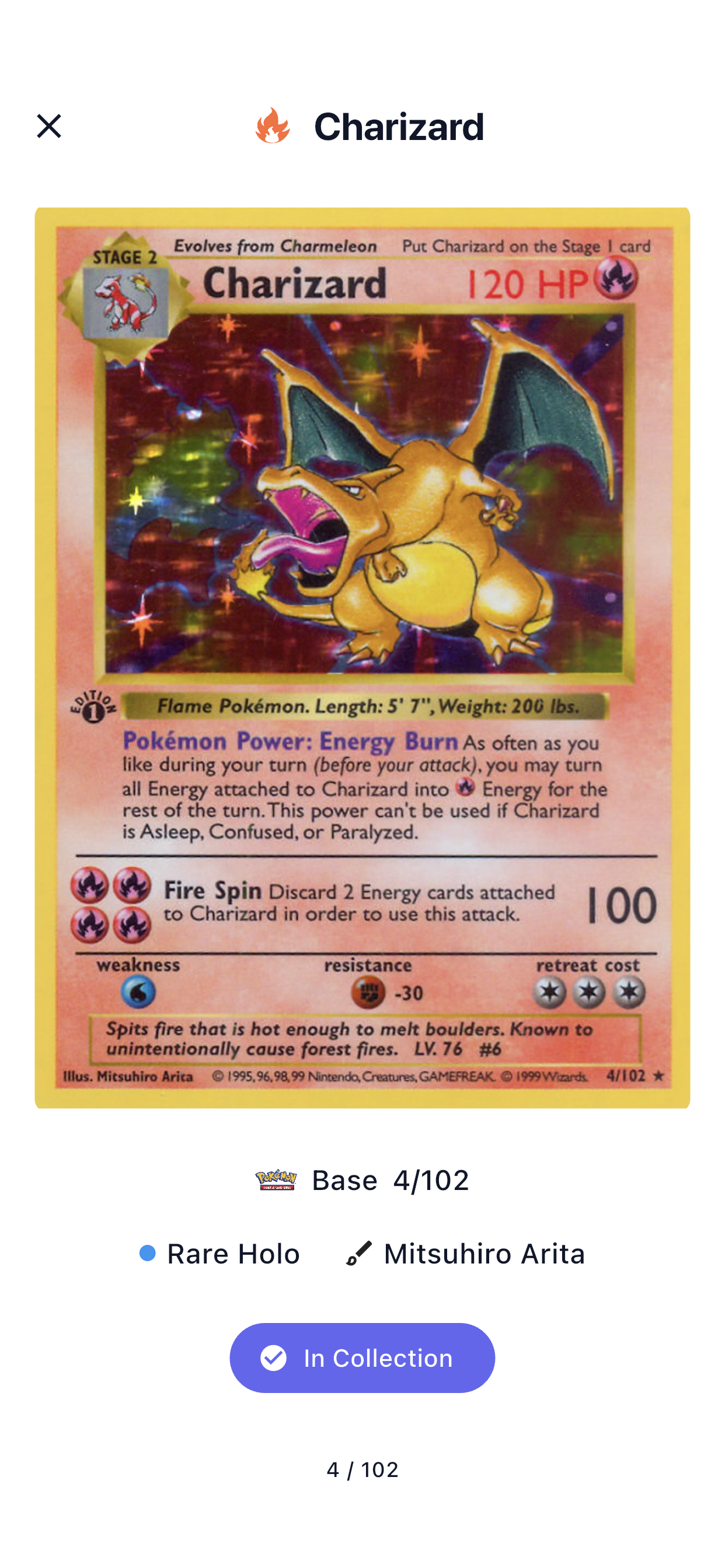 Card detail view showing Charizard with stats, rarity, and collection status