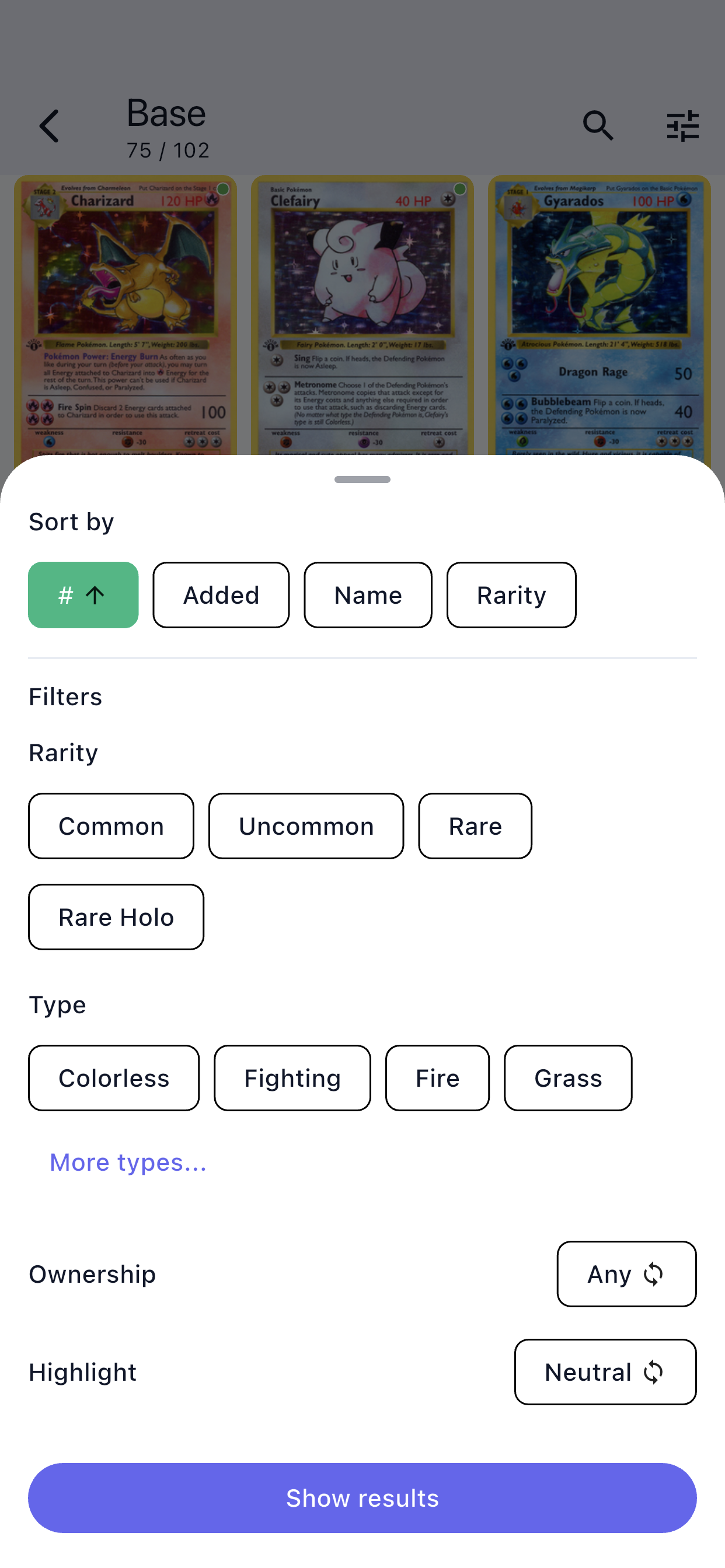 Sort and filter panel with options for rarity, type, and ownership
