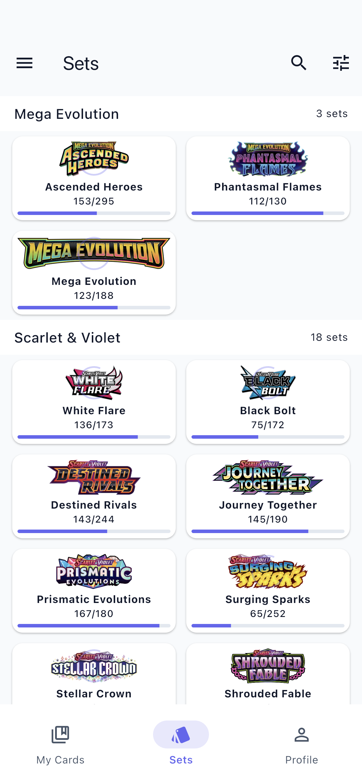 Set list view showing completion percentages for each Pokemon TCG set
