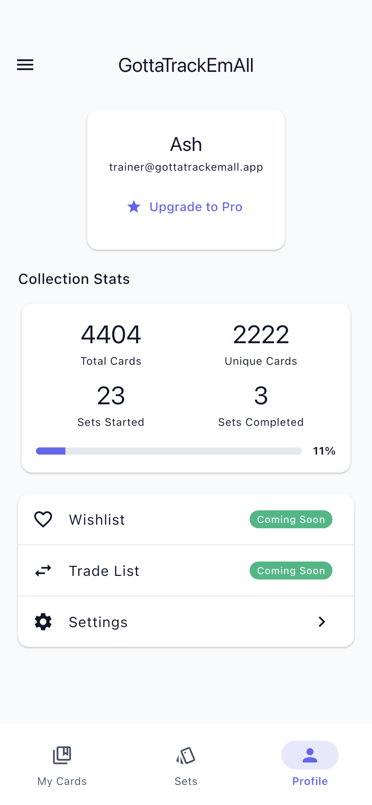 Profile view showing collection statistics including total cards, unique cards, sets started, and completion percentage