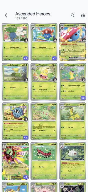 Card grid view showing owned and missing cards in a set