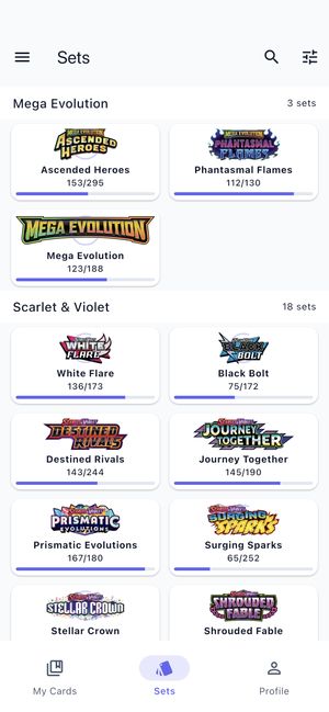 Set list view showing completion percentages for each Pokemon TCG set